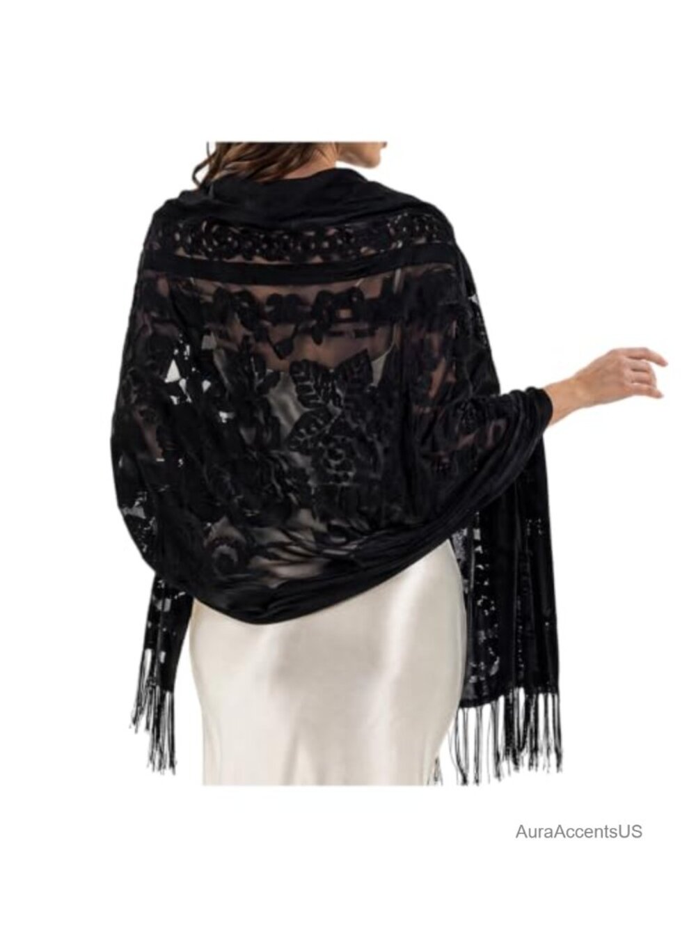 Velvet Floral Fringe Shawl Wrap Women Formal Evening Dress Pashmina